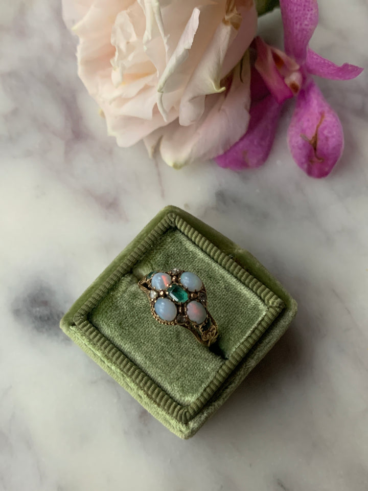 15k Victorian Opal, Emerald, and Diamond Locket Ring