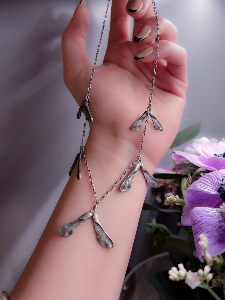 French Art Nouveau Coin Silver Sycamore Samara Necklace