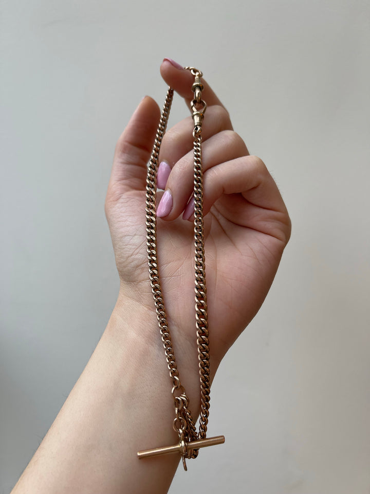 9k Victorian Forget-Me-Not Embellished Crescent Brooch + 9k Victorian Albert Chain