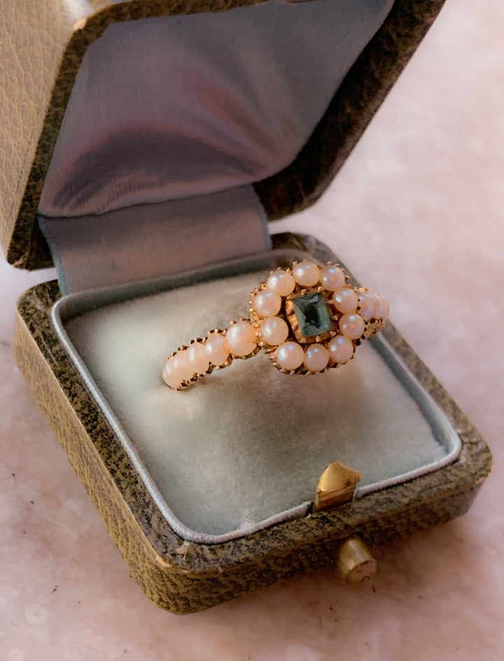 Superb Georgian Ring in 15k with Emerald Center and Pearl Halo