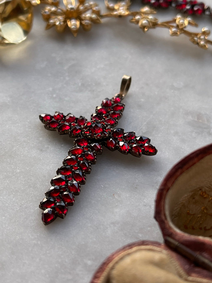 Victorian Bohemian Garnet Cross in 6k *include white velvet ribbon*