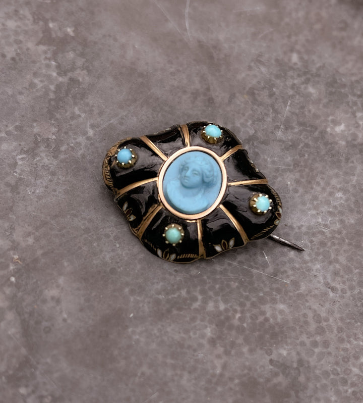 Rare 15k Pate-De-Verre Black, White, Red Enamel Brooch with Turquoise Center