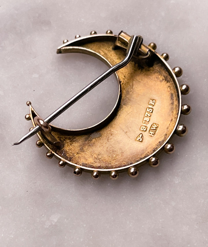 9k Victorian Forget-Me-Not Embellished Crescent Brooch + 9k Victorian Albert Chain