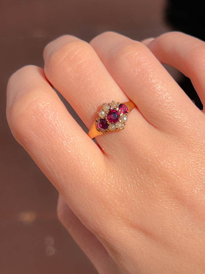 15k Almandine Garnet and Pearl Ring C 1880