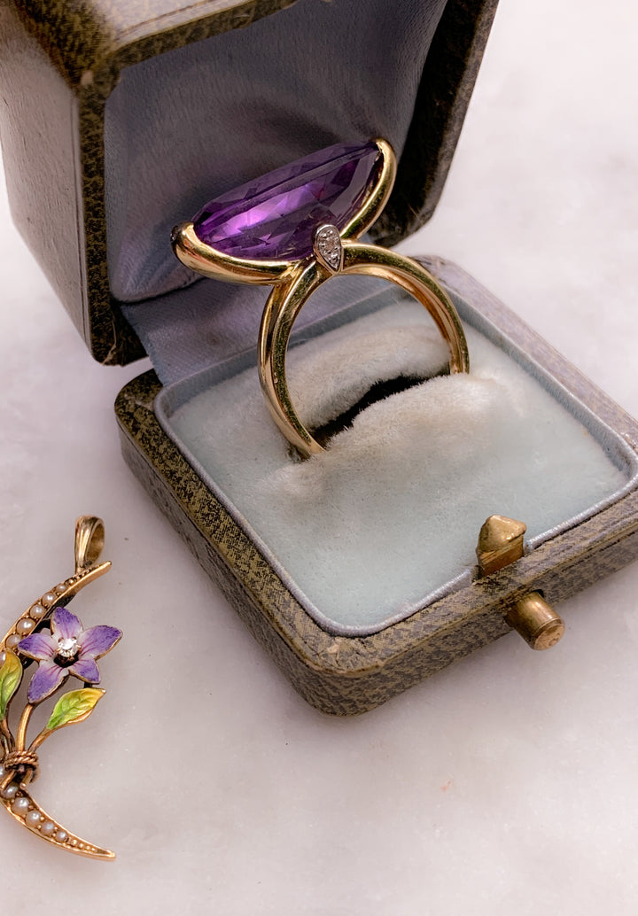 Stunning Vintage 14k Amethyst and Diamond Cocktail Ring