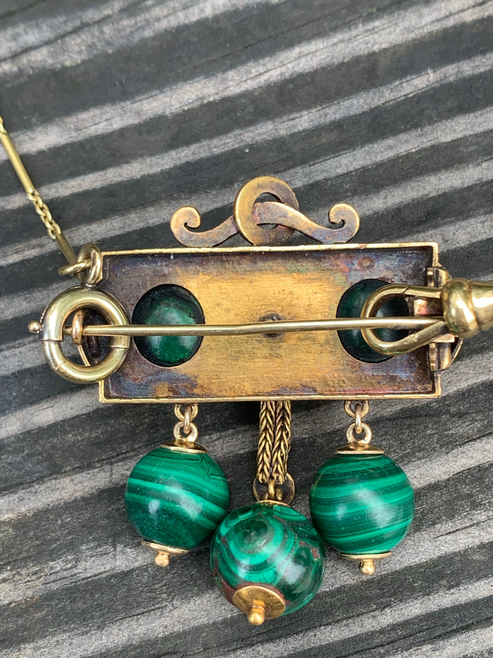 14k Victorian 1860’s Malachite and Black Enamel Ball Brooch
