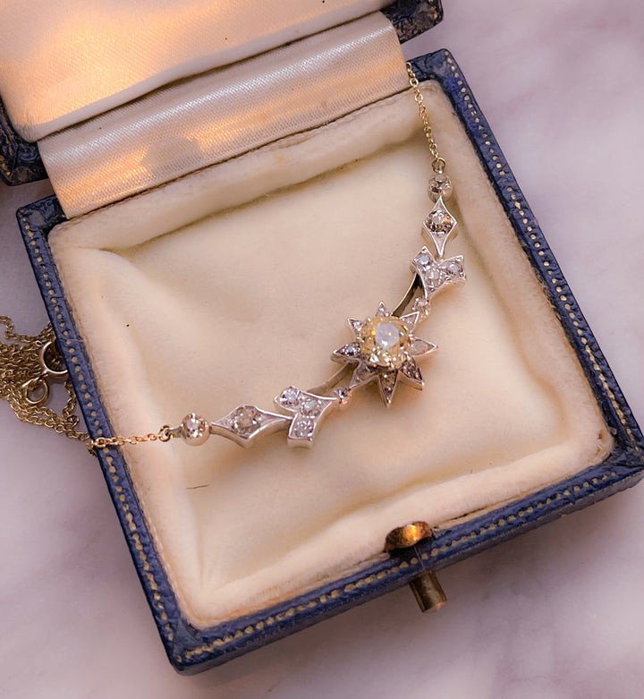 Outstanding Victorian Star-in-Crescent Necklace *include blue and yellow ribbon*