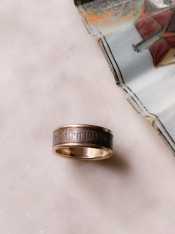 Iron & Gold Ring with German Inscription - "For Iron I Gave Gold" (INCLUDE ART NOUVEAU ROSE PEARL BROOCH)