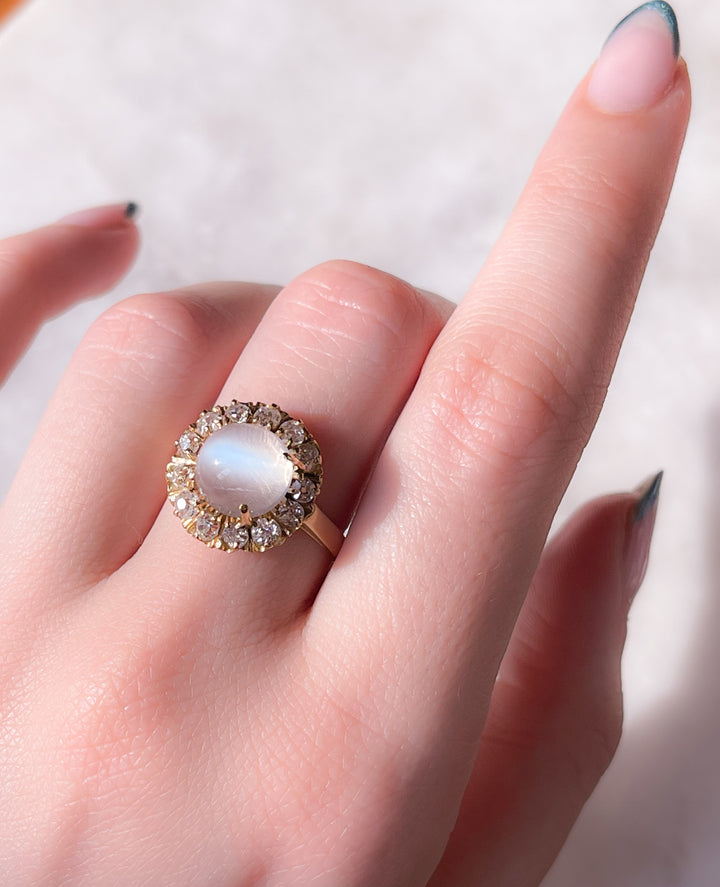 Massive 18k Diamond and Moonstone Cluster Ring