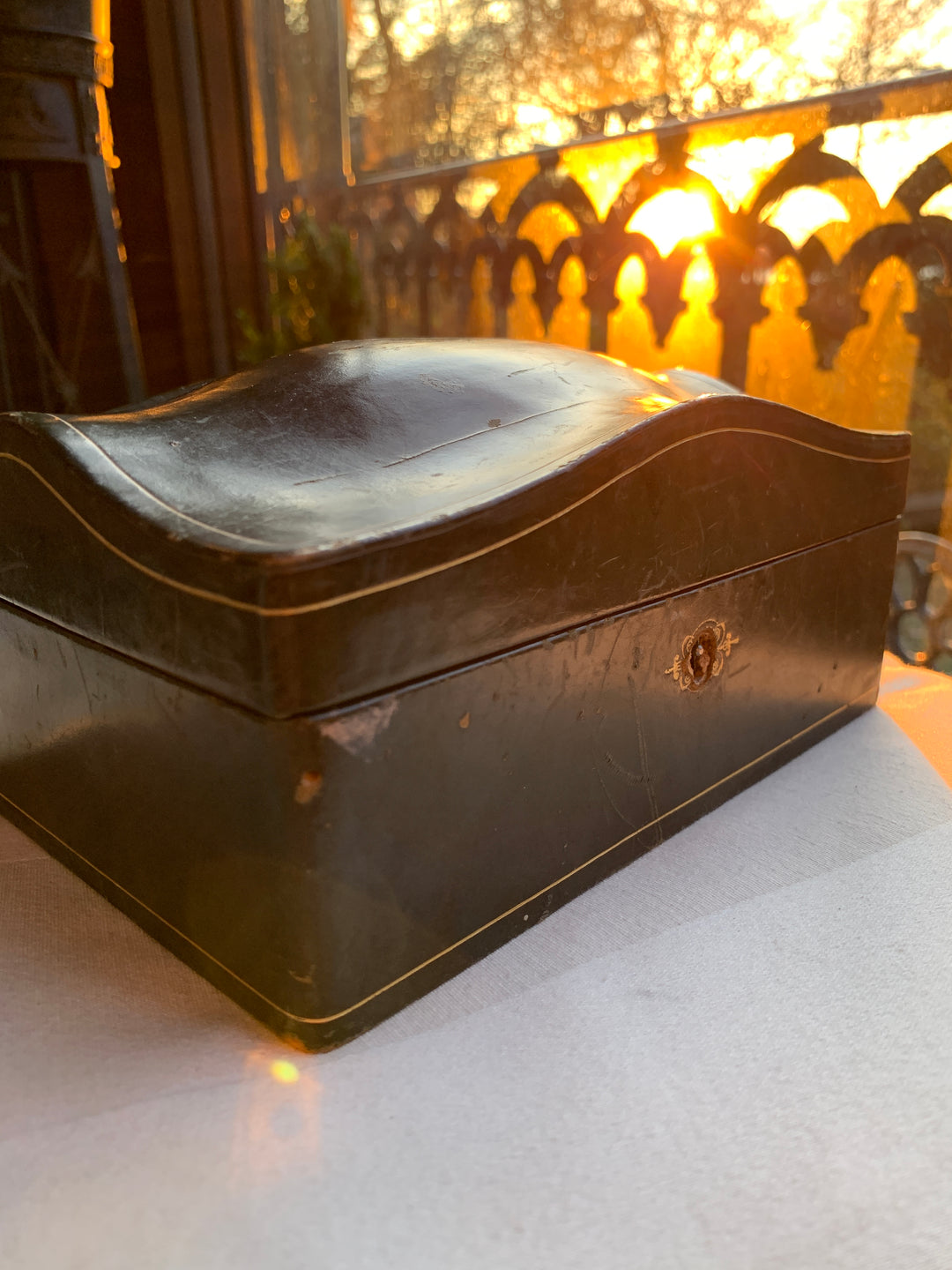 Victorian Dome Top Leather & Blue Velvet Jewel Box
