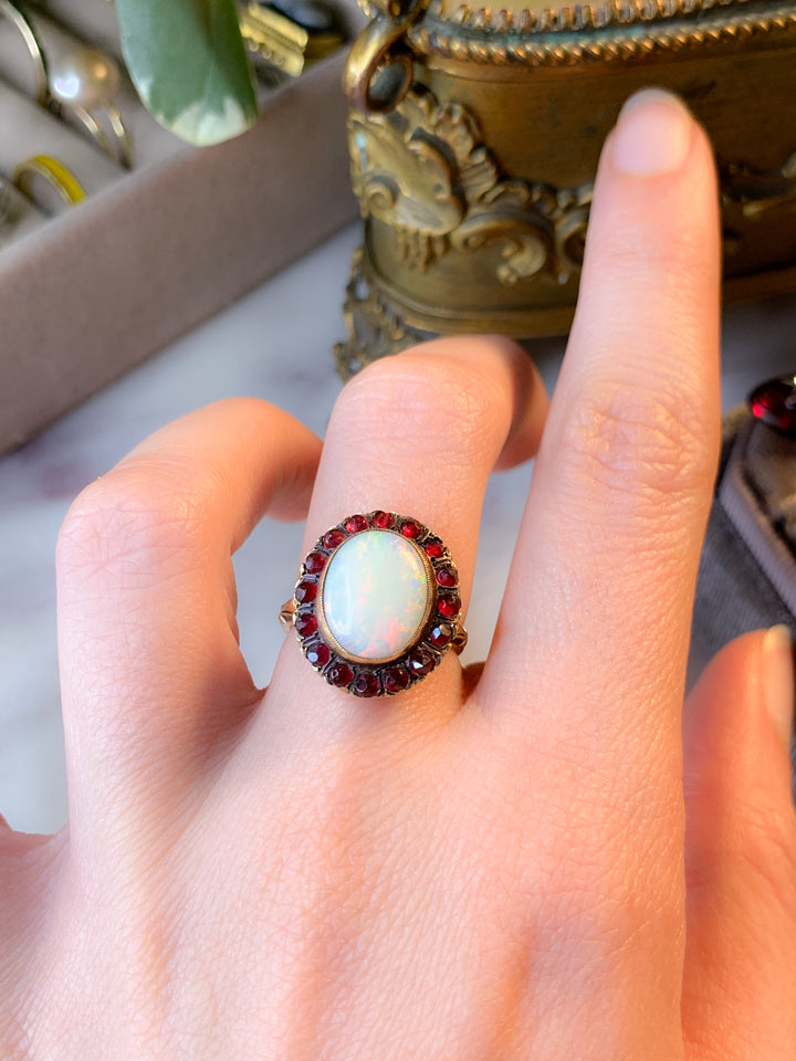 10k Australian Opal and Bohemian Garnet Ring Circa 1890