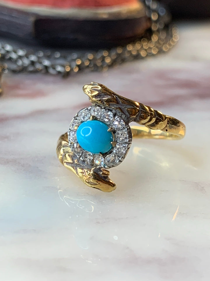 “The Serpent and the Egg” Turquoise & Diamond Snake Ring in 14k
