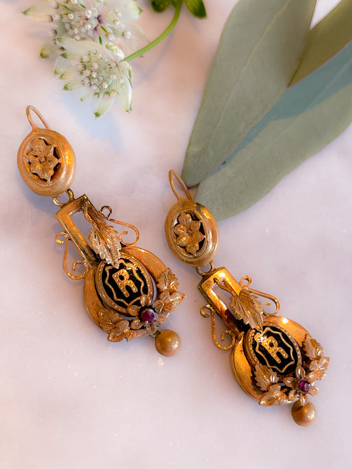 Victorian R Initial Earrings in Black Enamel and 14k