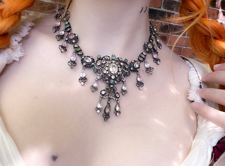 Important Foiled Pink Topaz, Emerald, Pearl, and Enamel Necklace in 18k and Sterling