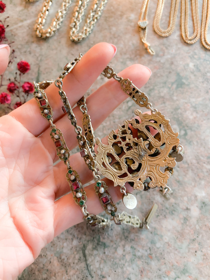 Sterling Silver, Garnet, Pearl, and Emerald Paste Austro-Hungarian Necklace