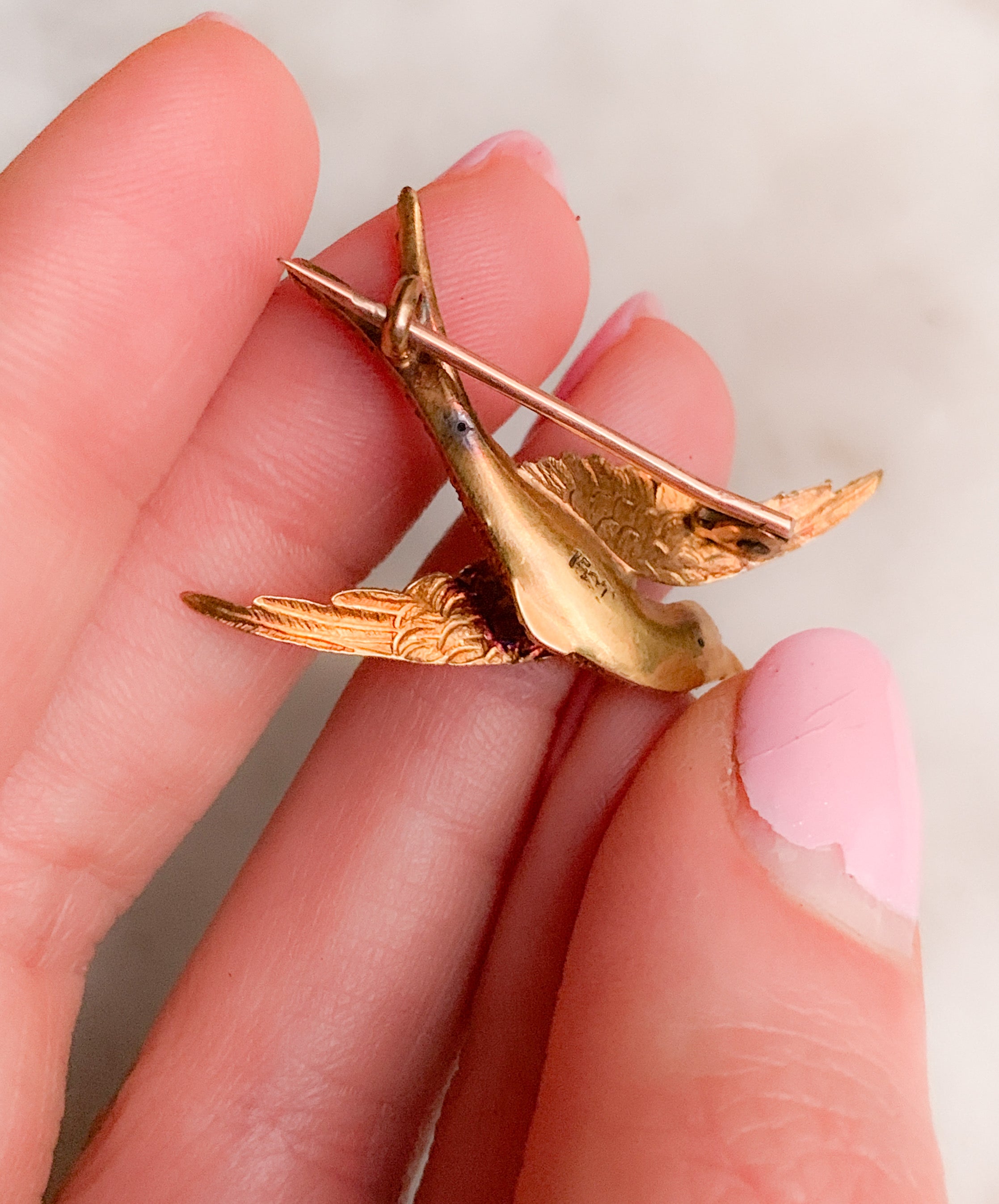 Stunning Swallow Brooch in 15k with a Ruby Eye *include green ribbon*