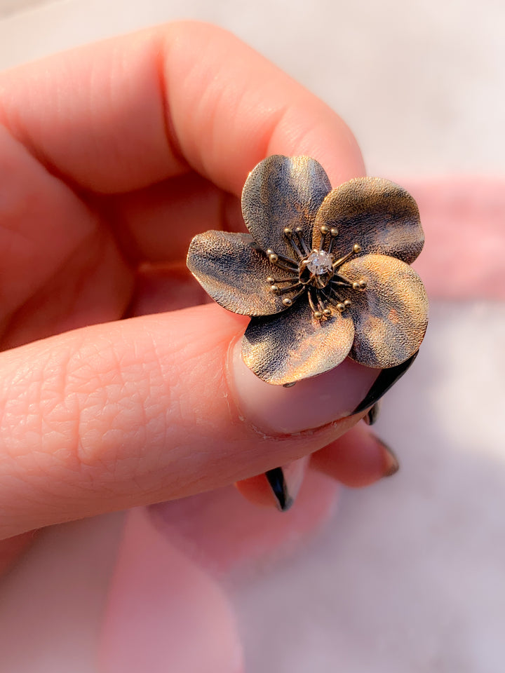 Chunky 15k English Floral Brooch with Fold-Down Pendant Bale and Central Diamond