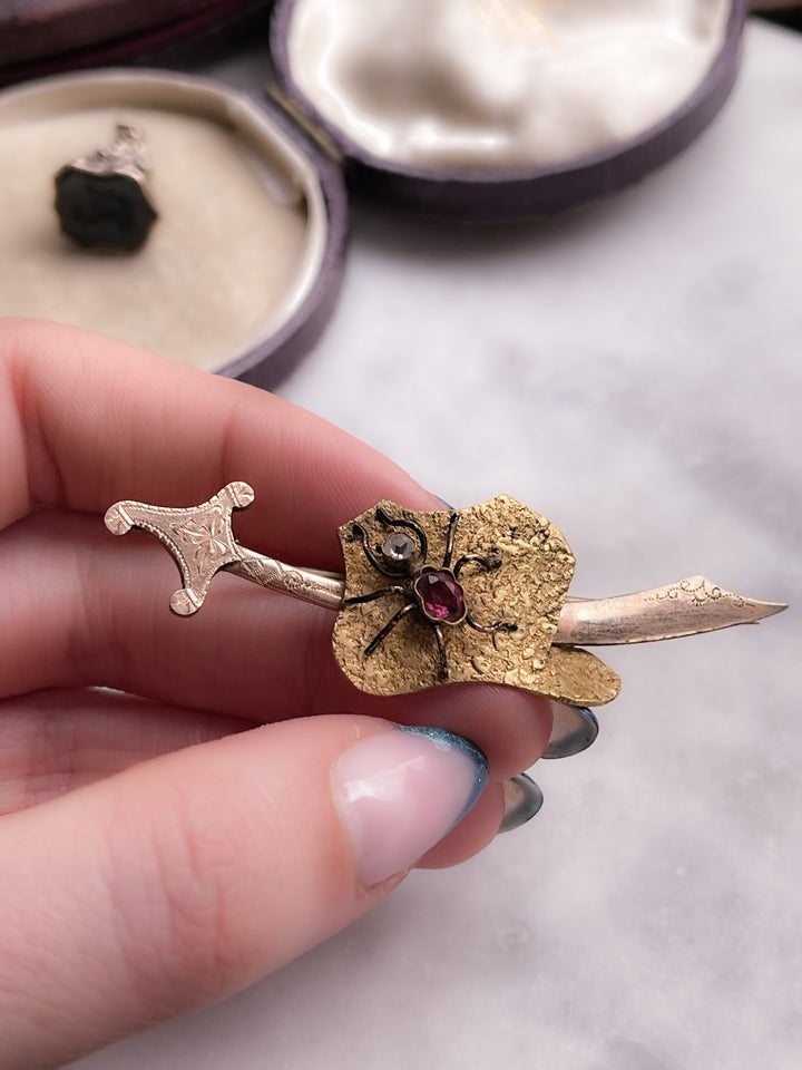 Gold-Filled Scimitar with Paste Ruby Bug