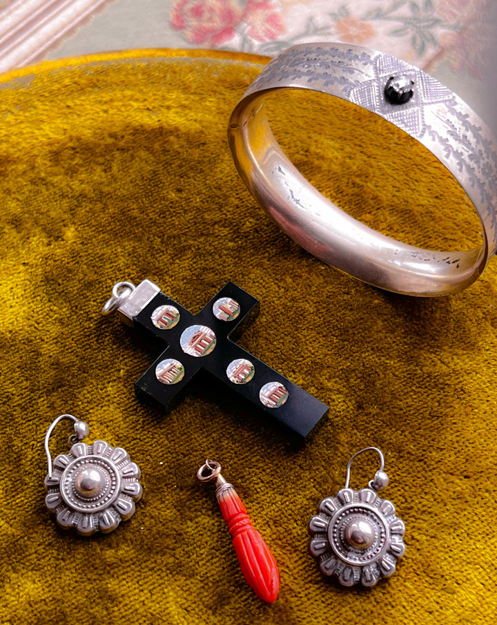 Stunning Onyx and Micromosaic Cross in Sterling