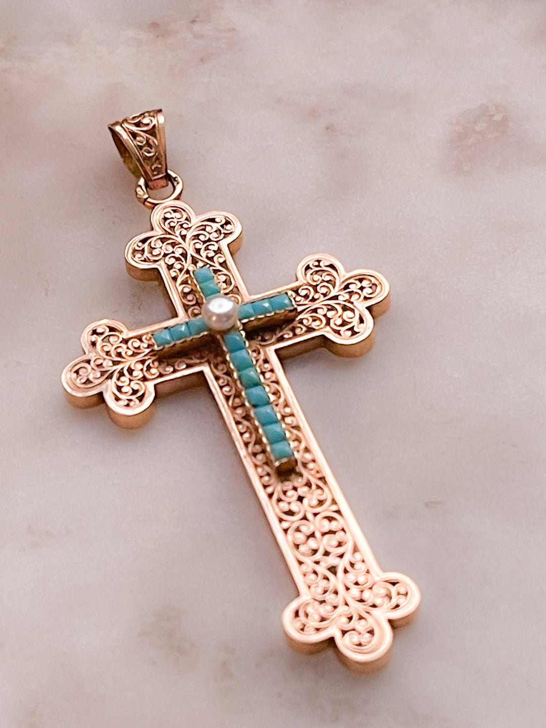 Pink Gold 18k French Cross with Turquoise and Pearl *include pink ribbon*