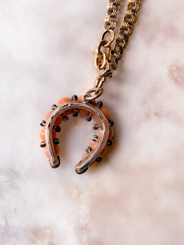 Coral and Pearl Horseshoe in 9k & Superb Victorian Sterling Heart Albertina Chain