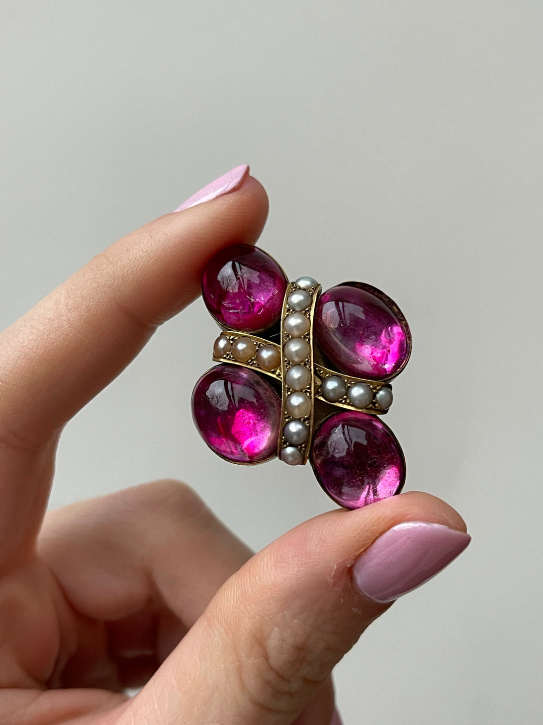 Victorian Vivid Pink Foiled Rock Crystal Brooch in 15k with Pearls