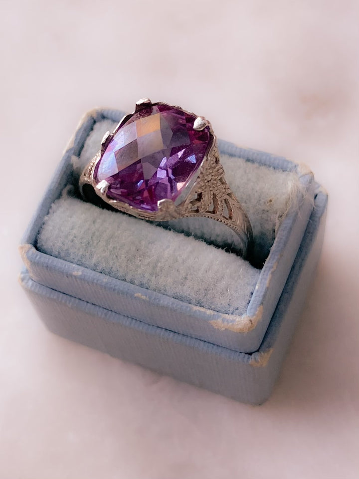 Art Deco Set Checkerboard Amethyst Ring in 10k White Gold *include red ribbon*