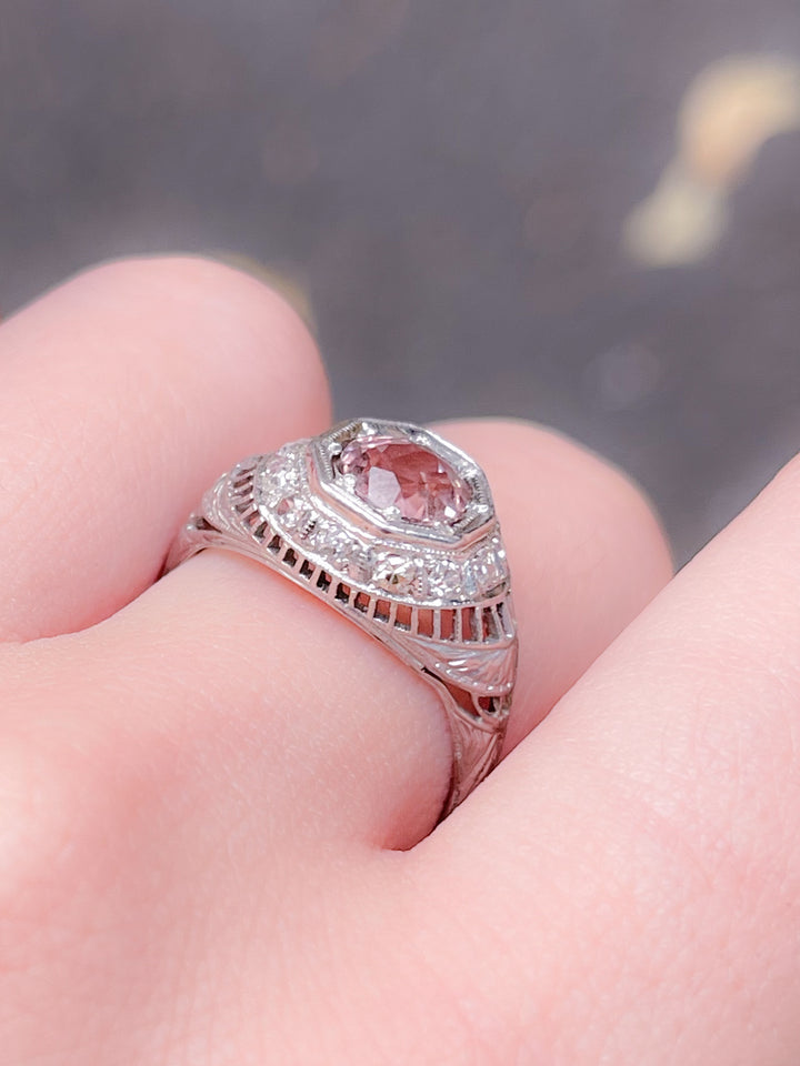 Art Deco Platinum Ring with Pink .90ct Tourmaline and Diamonds