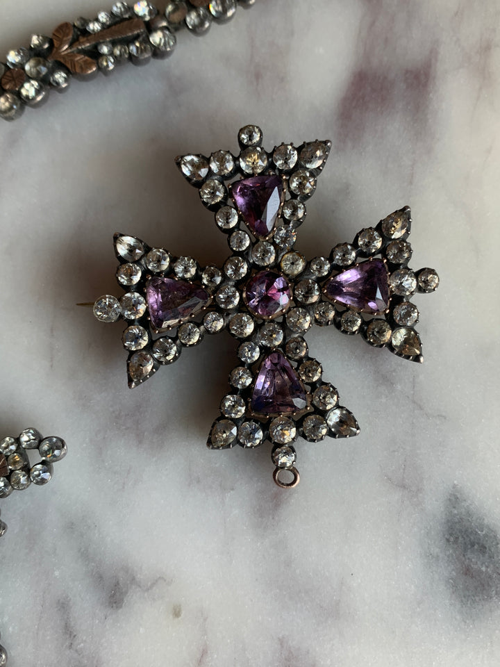 Maltese 15k Cross With Amethyst & Diamond Paste