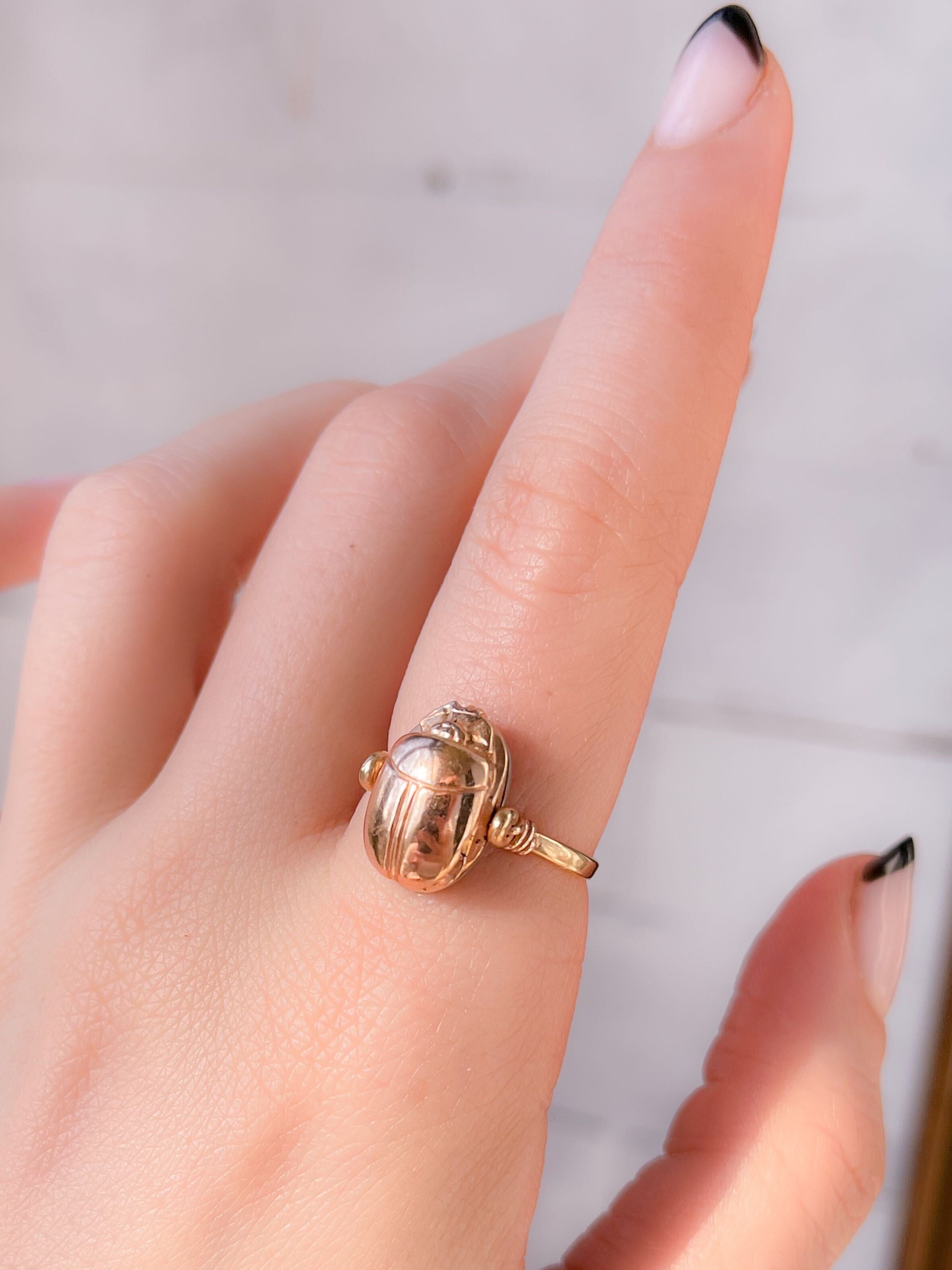 14k Pink, 18k Yellow Gold, Platinum, and Sterling Scarab Ring with Hieroglyph Reverse