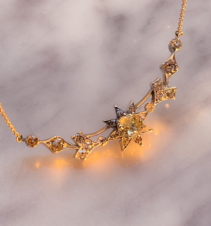 Outstanding Victorian Star-in-Crescent Necklace *include blue and yellow ribbon*
