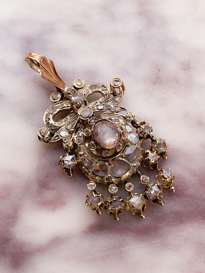 18k and Sterling Silver Rose-Cut Diamond Bow Pendant *include white and red ribbon*