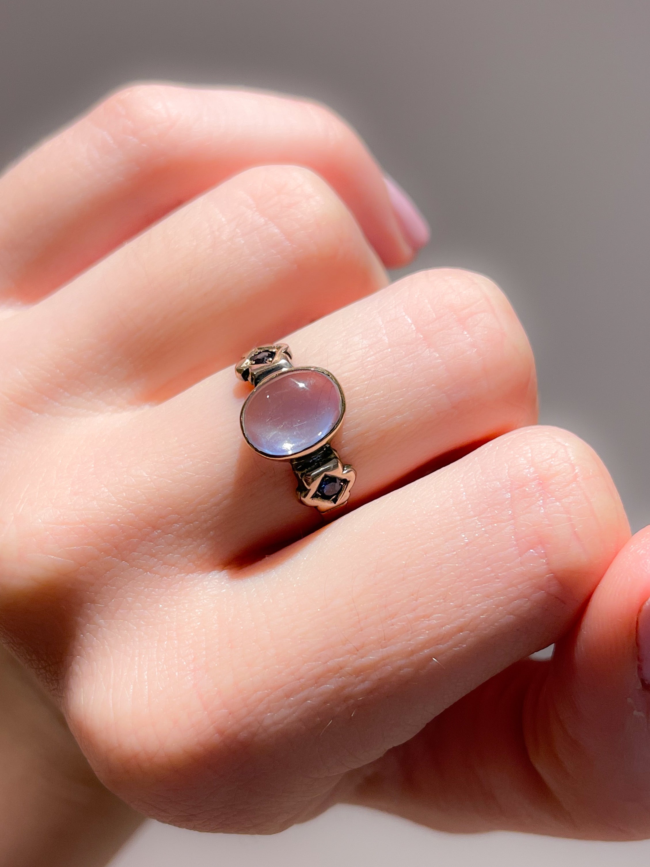 Moonstone and Sapphire Ring in Pink 9ct Gold