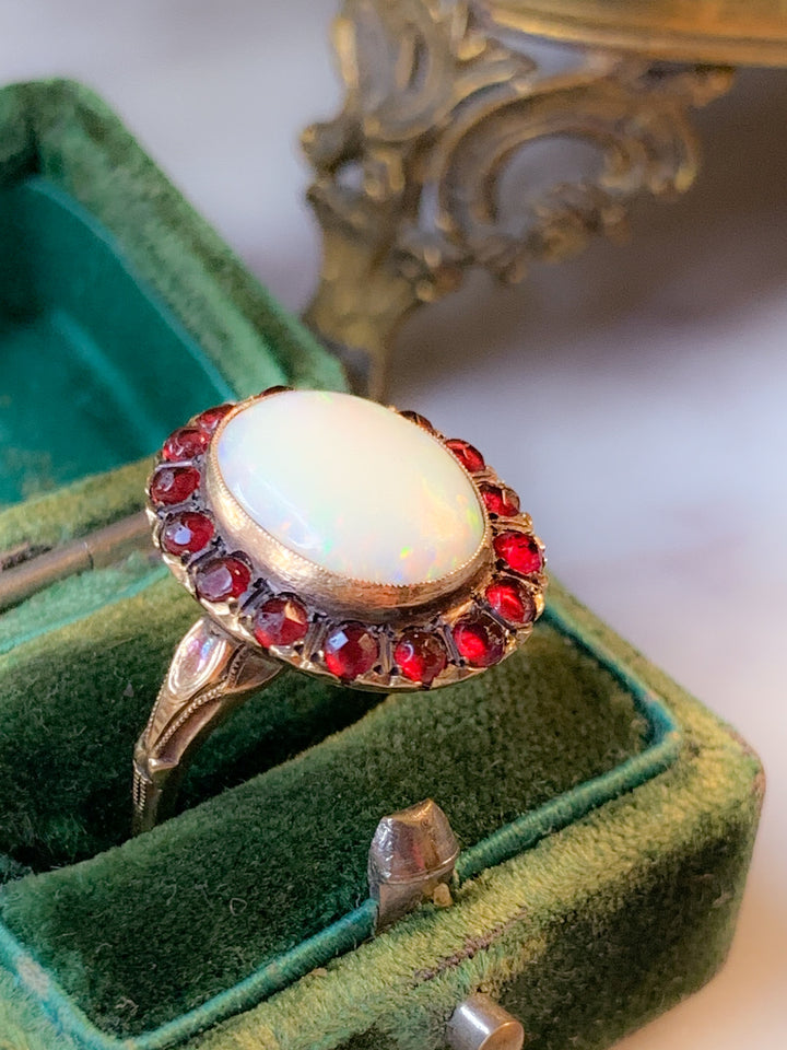 10k Australian Opal and Bohemian Garnet Ring Circa 1890