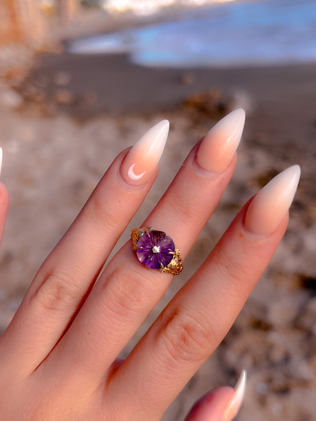 Exceptional Late 19th C Carved Amethyst Flower Conversion Ring