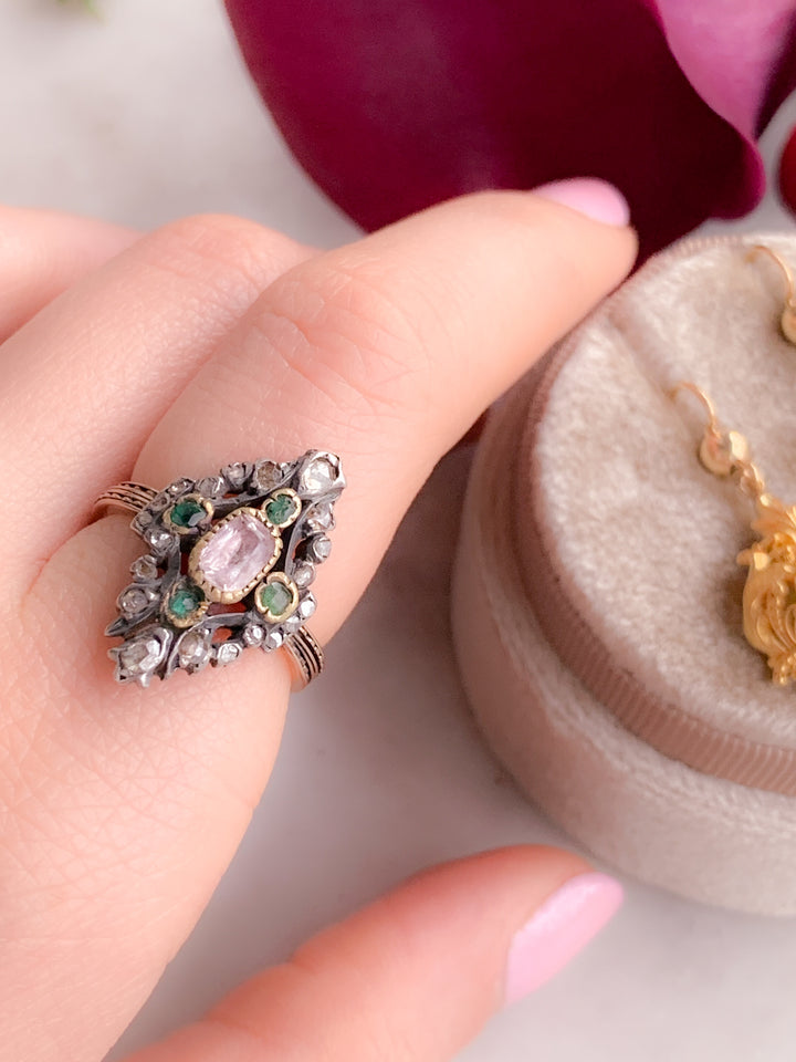 19th Century French Gemset Ring with Amethyst, Diamonds, and Emeralds