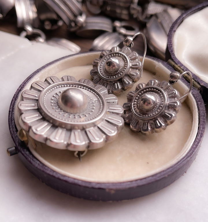 Delicious Etruscan Revival Brooch and Earring Set in Sterling Silver
