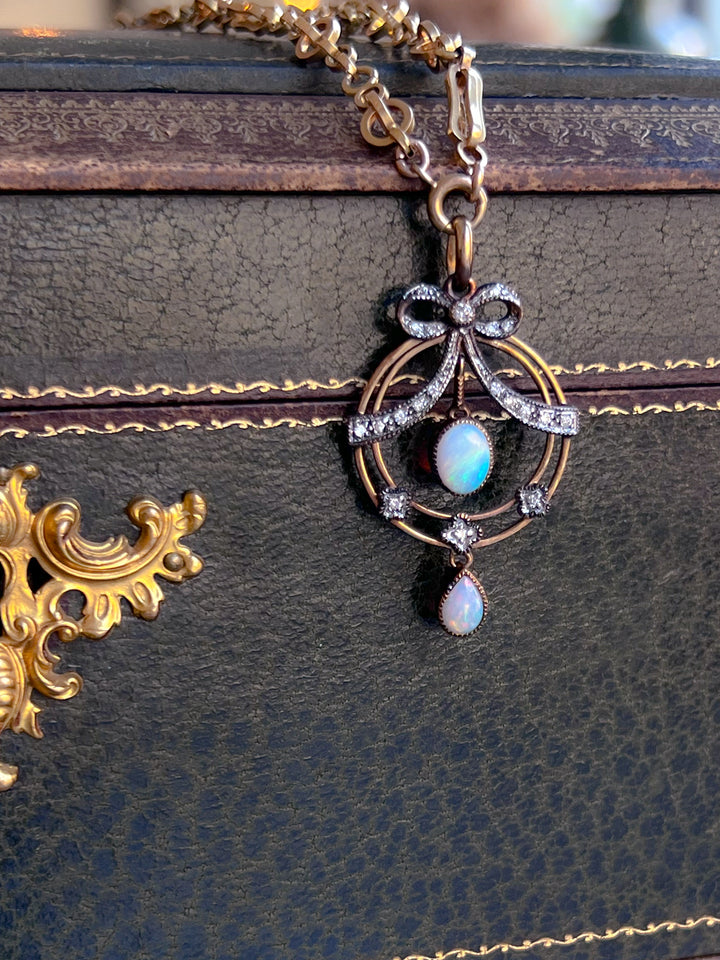 Edwardian Opal and Diamond Bow Pendant