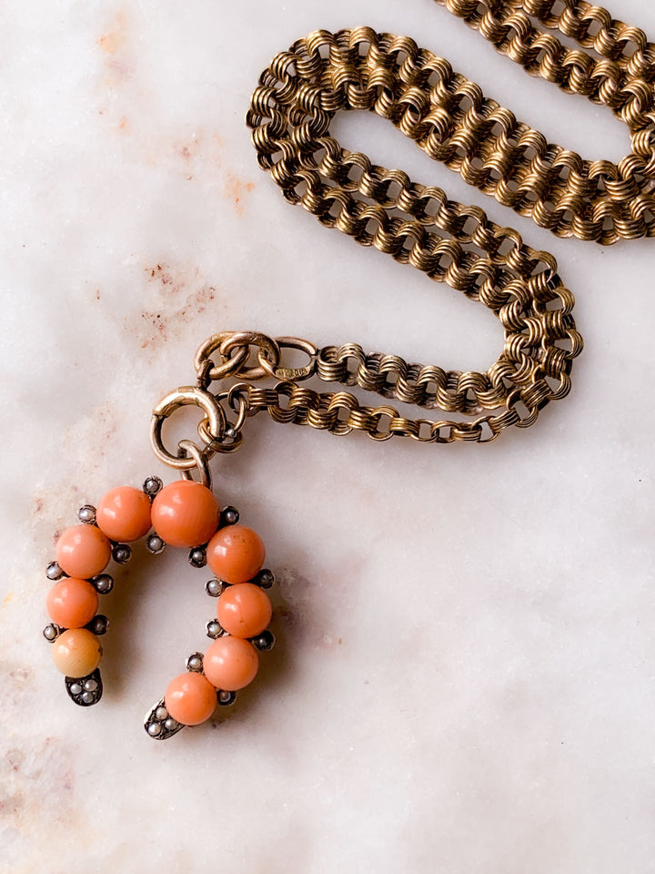 Coral and Pearl Horseshoe in 9k & Superb Victorian Sterling Heart Albertina Chain