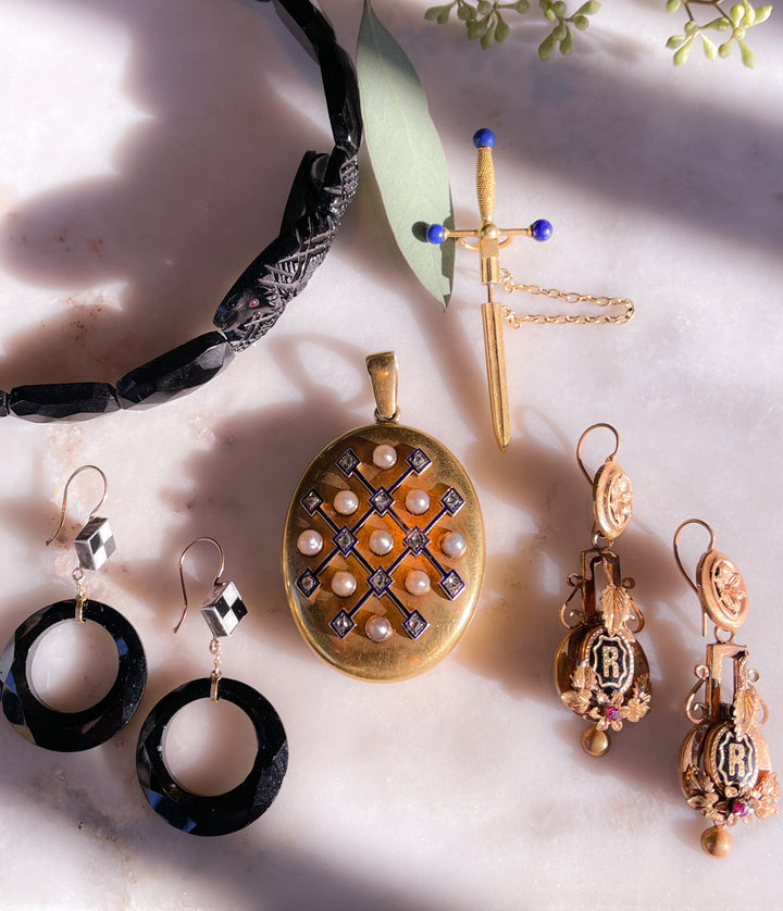 Victorian R Initial Earrings in Black Enamel and 14k