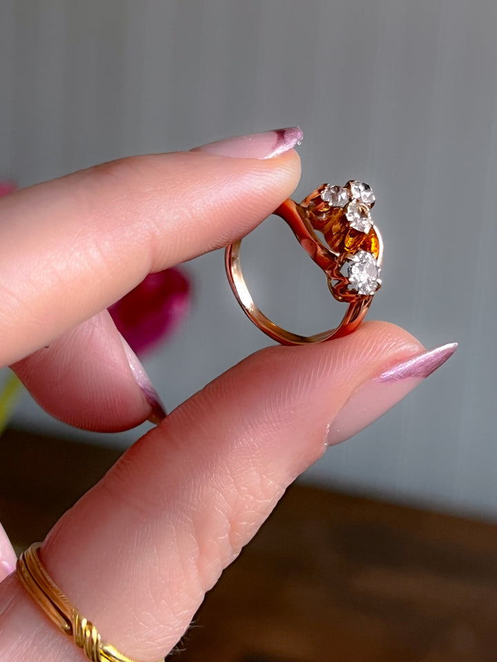 18ct Pink Gold Diamond Clover + Star Diamond Ring