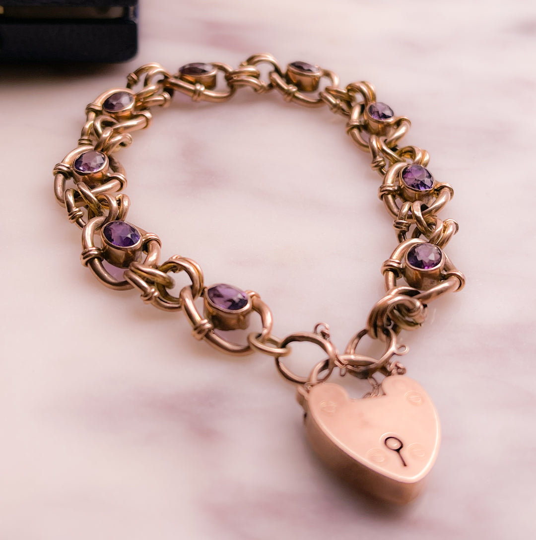Outrageous Late Victorian 9k Heart Padlock Amethyst Station Bracelet *include 2 ribbons* *include red antique box*