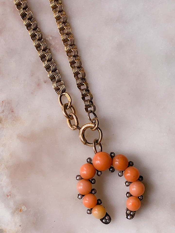 Coral and Pearl Horseshoe in 9k & Superb Victorian Sterling Heart Albertina Chain