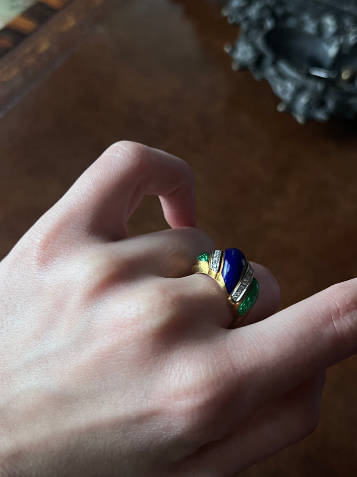 18k Green, Blue Enamel Diamond Ribbon Ring