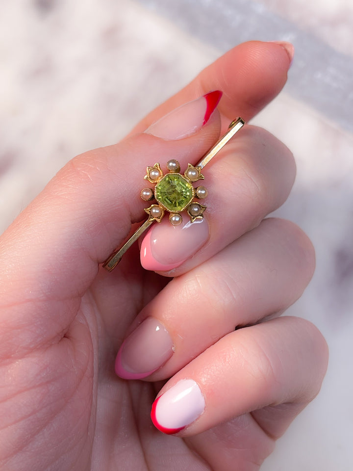 Delicious Octagonal-Cut Peridot Brooch with Pearls and Maltese Cross Cut