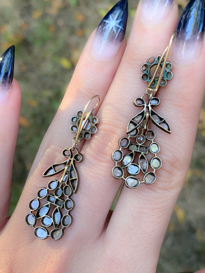 Exceptional Pair of Georgian Rose Cut Diamond Day/Night Earrings in Sterling and 14k
