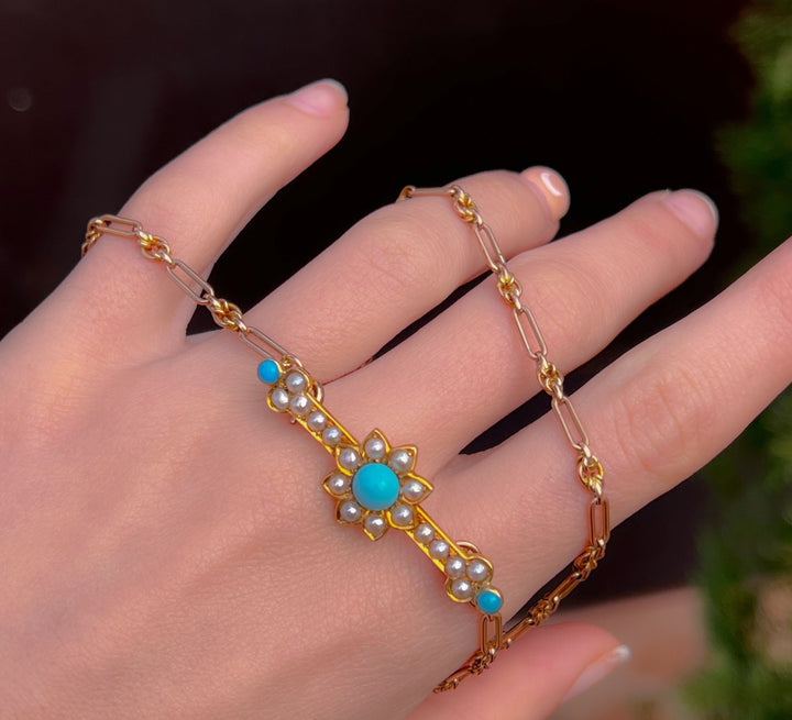 15k Turquoise and Pearl Forget-Me-Not Bar Brooch C. 1880