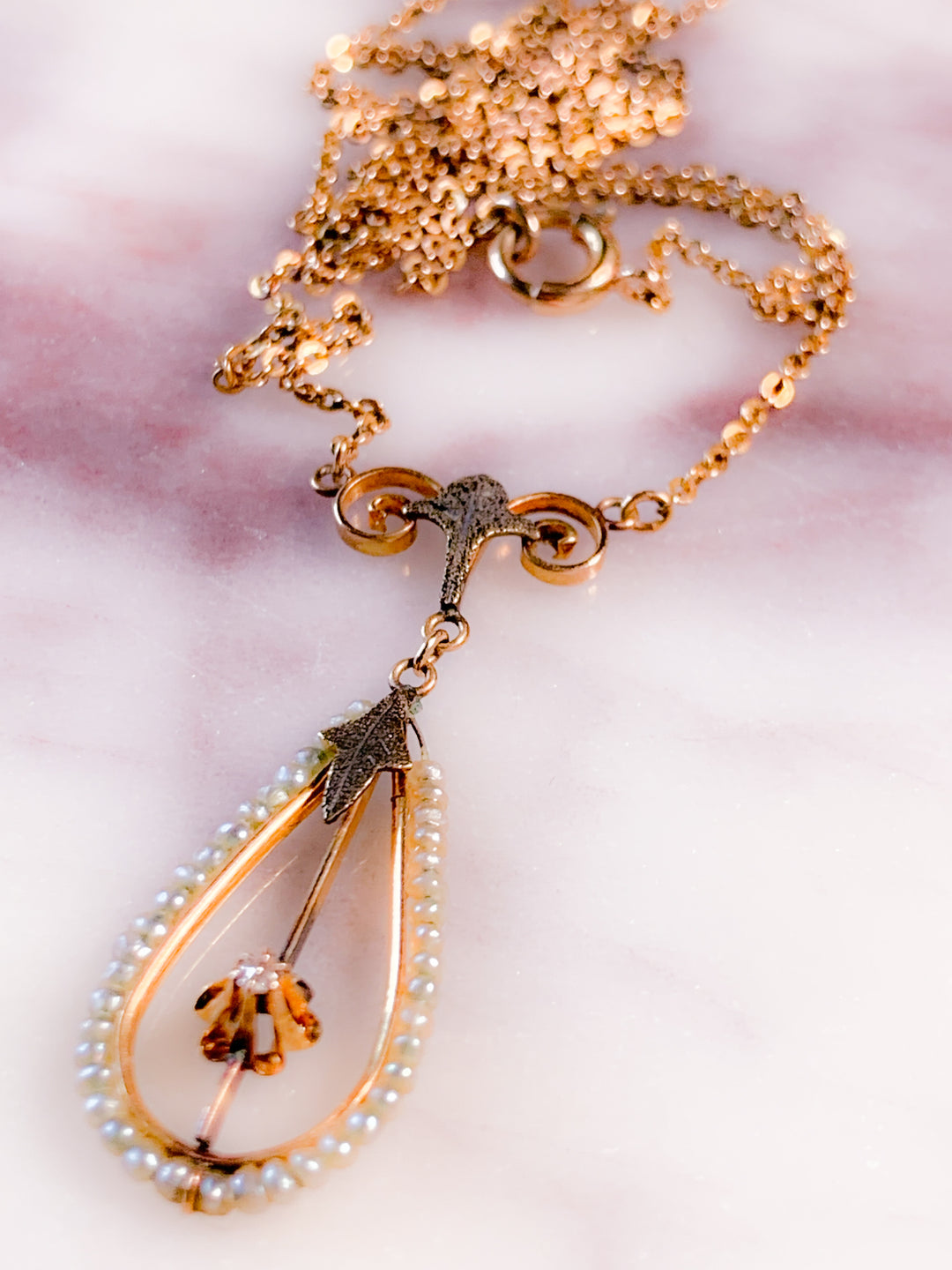 14k Art Nouveau Diamond Lavalier Necklace