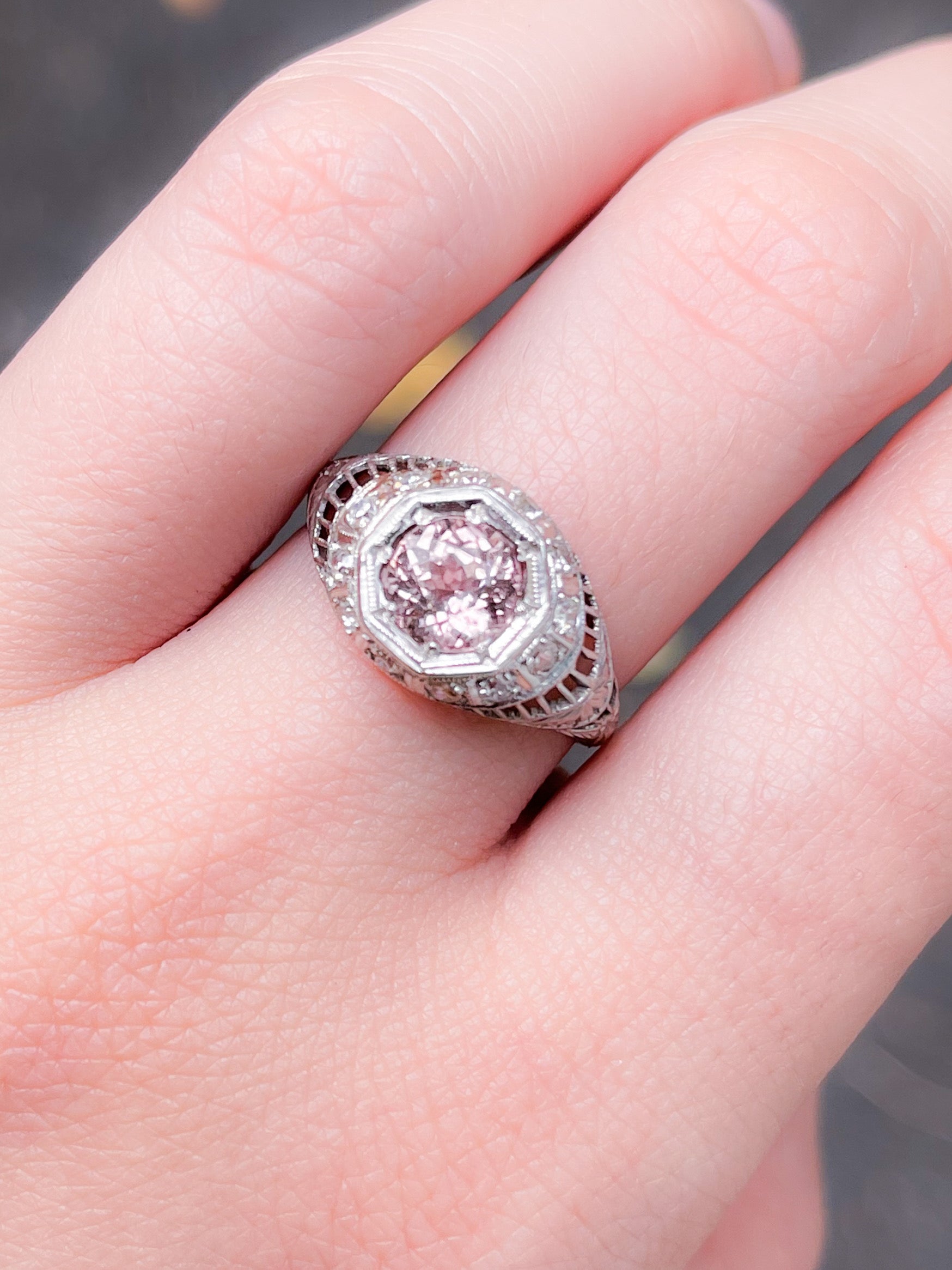 Art Deco Platinum Ring with Pink .90ct Tourmaline and Diamonds