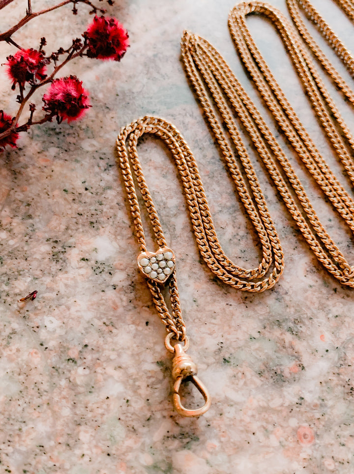 10k Hallmarked American Victorian Pearl Embellished Slide Chain